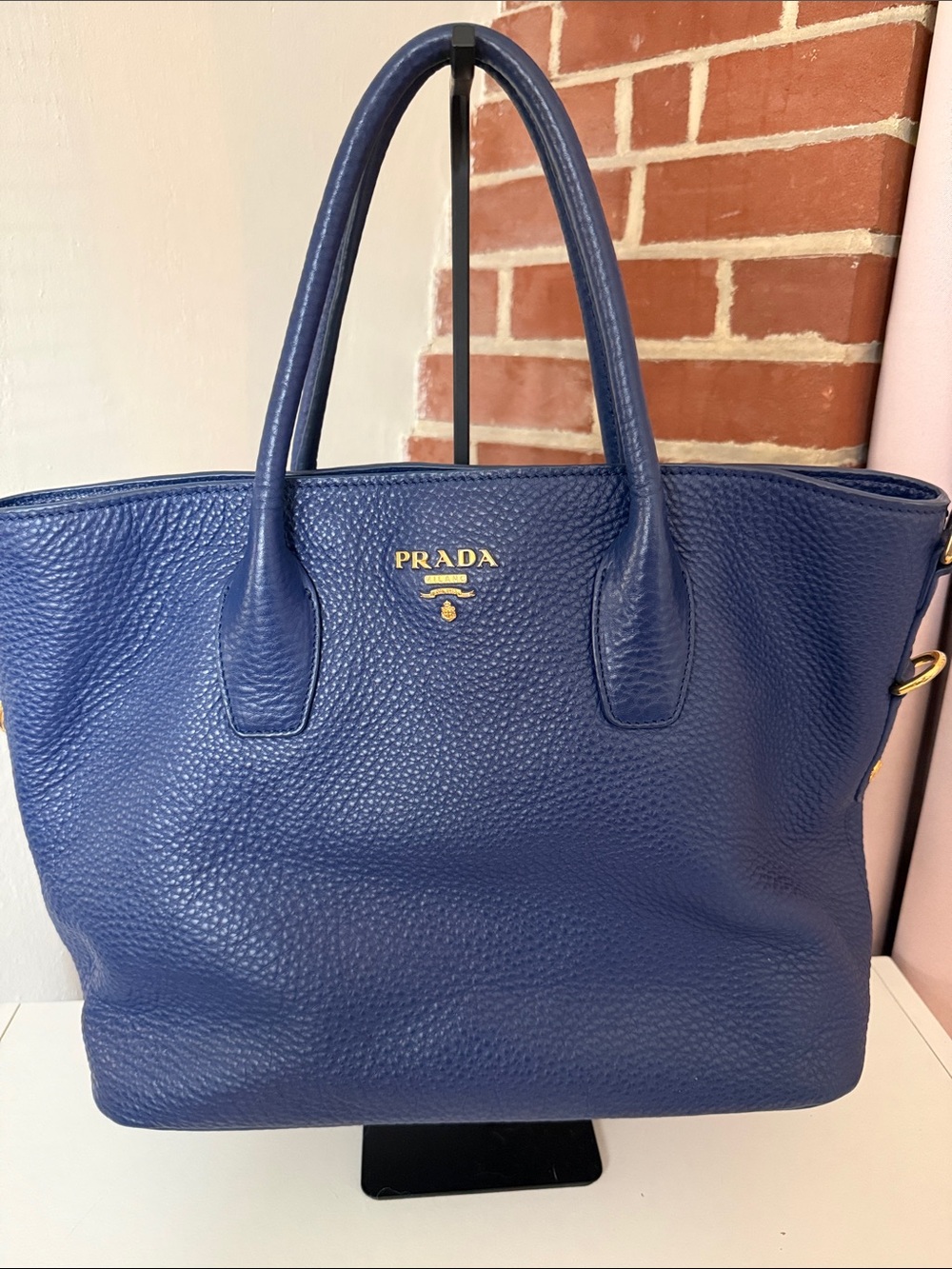 Authentic Prada Navy Blue Pebbled Leather Tote